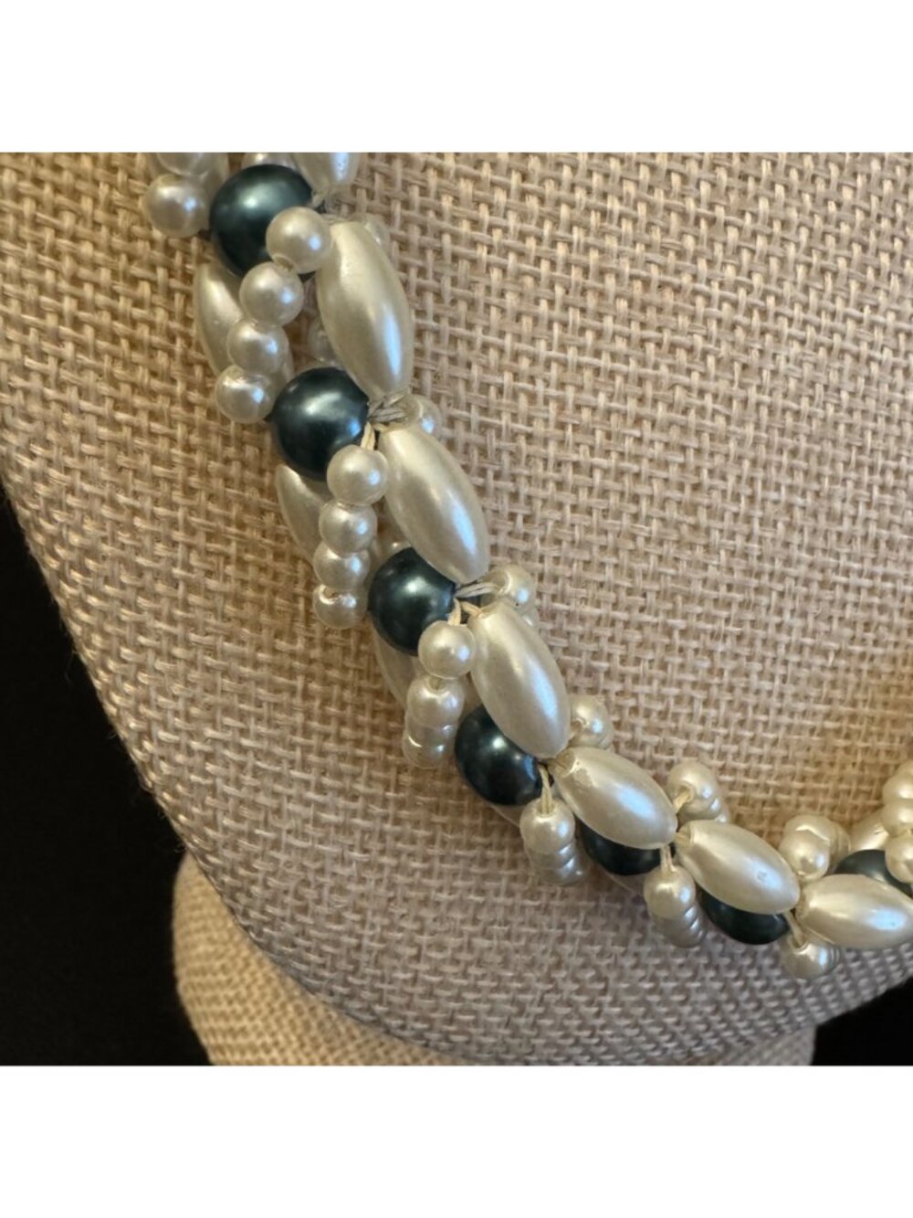 VTG Beaded Braided Necklace Plastic Faux Pearls & Metallic Blue Beads 33" Long - Picture 3 of 7
